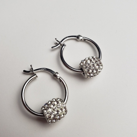 Sterling Silver White CZ Bead Hoop Earrings - Picture 3 of 8